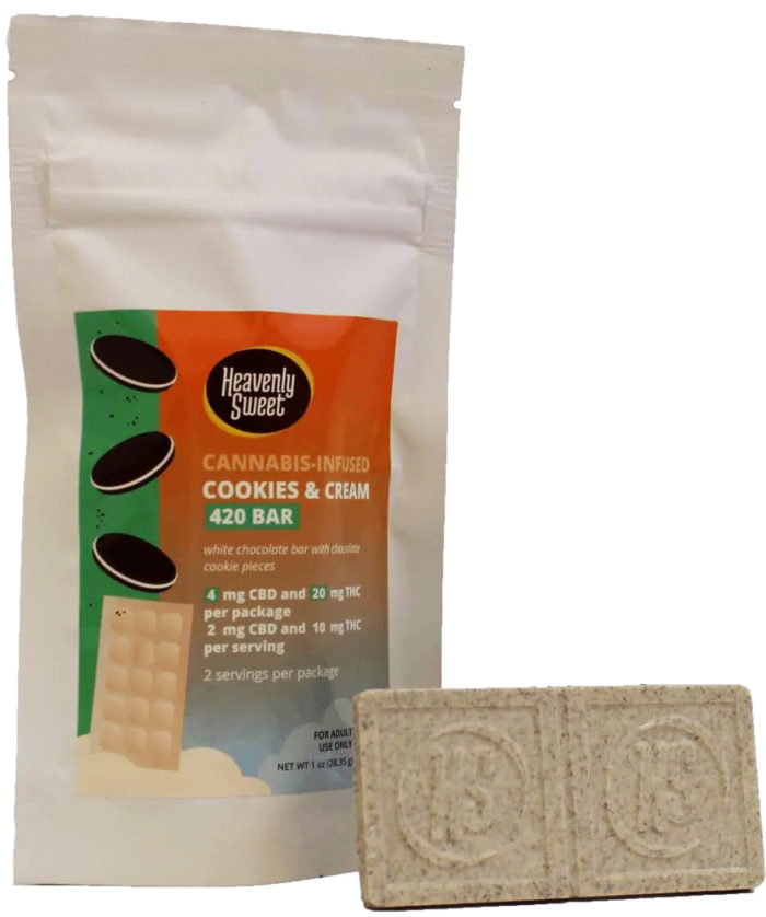 HEAVENLY SWEET CANNABIS INFUSED COOKIES AND CREAM 420 BAR WHITE CHOCOLATE BAR WITH WHITE CHOCOLATE COOKIE PIECES 1oz (28.35 gr)